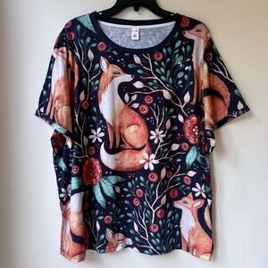 Pixie Lady Top 4X Multicolor Fox Motif Forest Flowers Festival